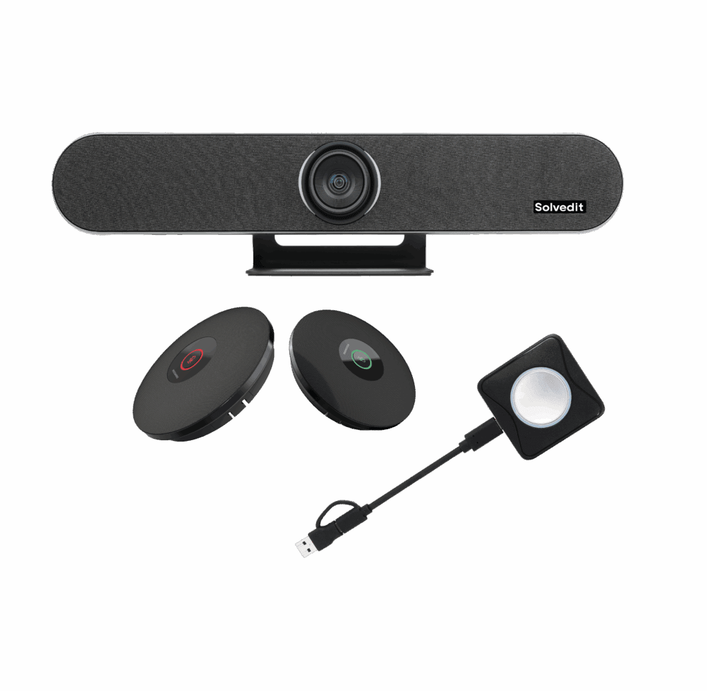 BYOM-lösning med tre produkter: Solvedit Videobar S1, BYOM S1 och M702 S1 – för smarta och flexibla videomöten med högkvalitativ bild och ljud